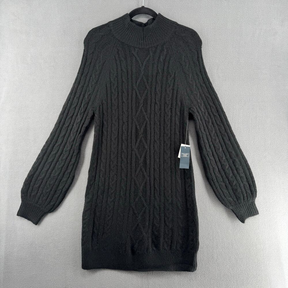 Abercrombie Fitch Balloon Sleeve Cable Knit Sweater Dress Womens M Black